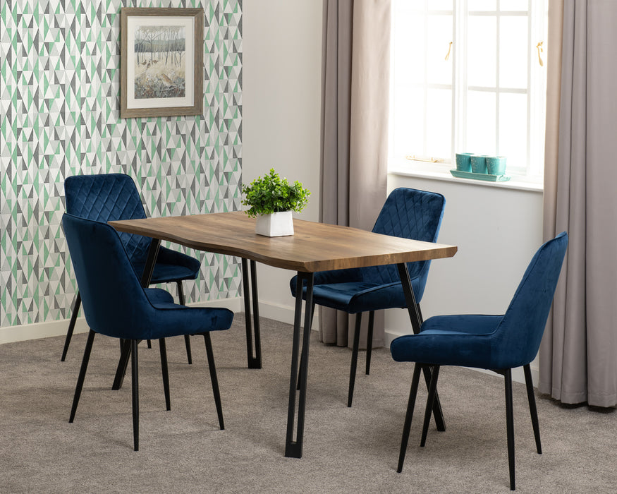 Quebec Wave Edge Dining Set with Avery Chairs Medium Oak Effect/Black/Sapphire Blue Velvet