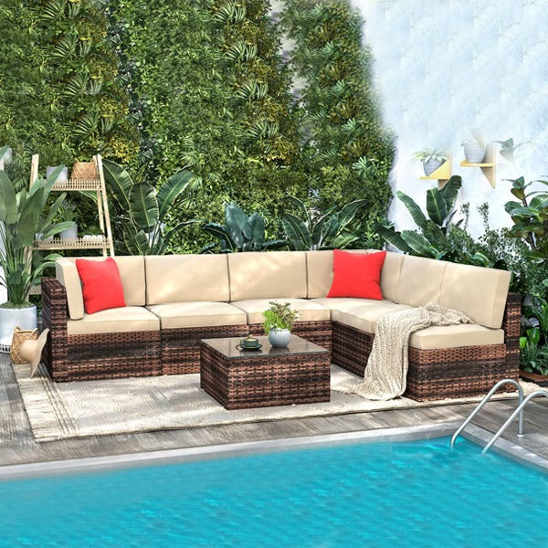Rattan Garden Furniture 6 Piece, Brown & Cream