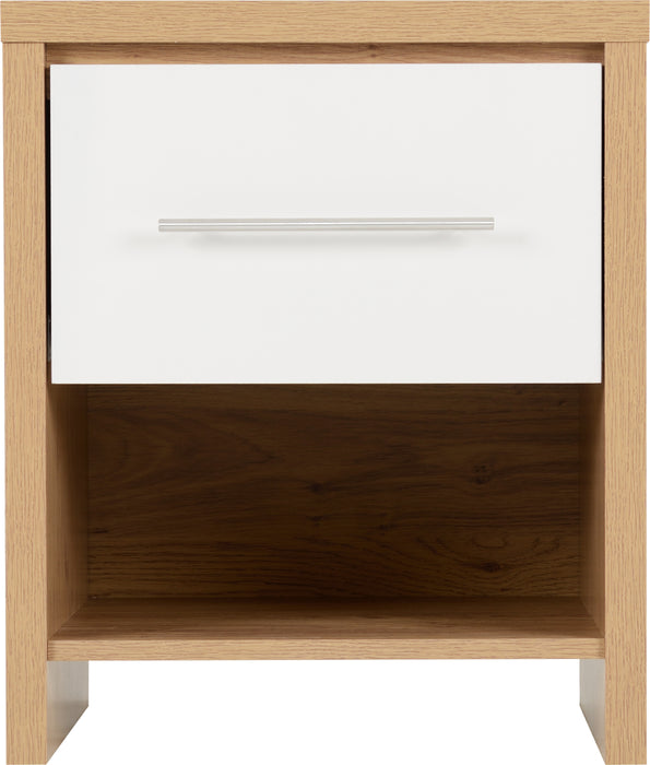 Seville 1 Drawer Bedside Cabinet White High Gloss/Light Oak Effect Veneer