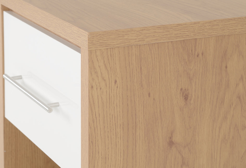 Seville 1 Drawer Bedside Cabinet White High Gloss/Light Oak Effect Veneer