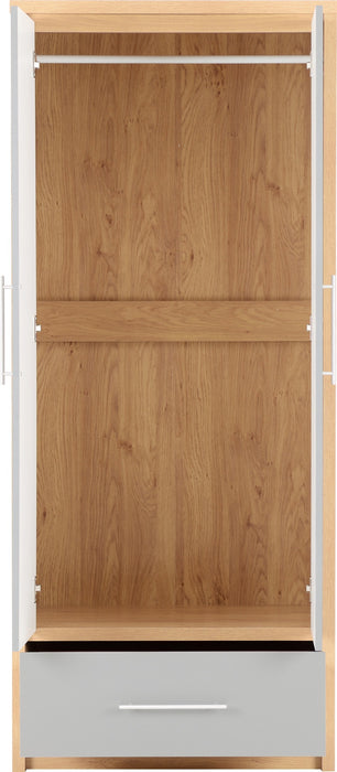 Seville 2 Door 1 Drawer Wardrobe Grey High Gloss/Light Oak Effect Veneer