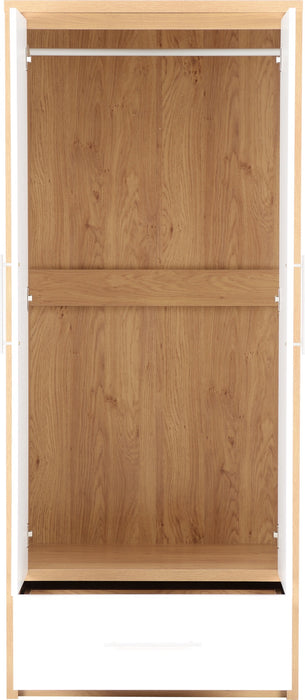 Seville 2 Door 1 Drawer Wardrobe White High Gloss/Light Oak Effect Veneer