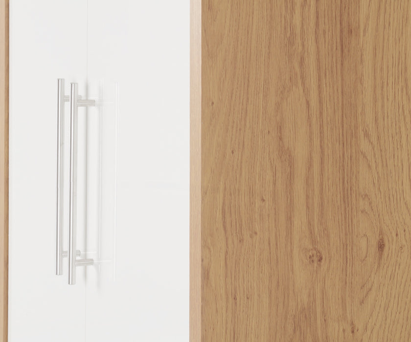 Seville 2 Door 1 Drawer Wardrobe White High Gloss/Light Oak Effect Veneer