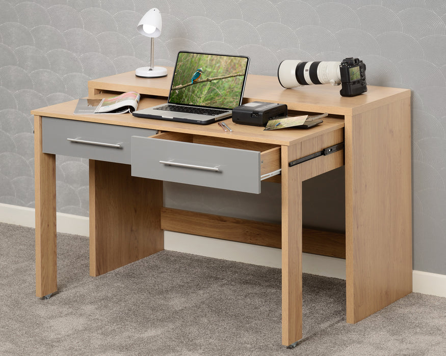 Seville 2 Drawer Slider Desk Grey High Gloss/Light Oak Effect Veneer