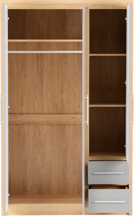 Seville 3 Door 2 Drawer Wardrobe Grey High Gloss/Light Oak Effect Veneer