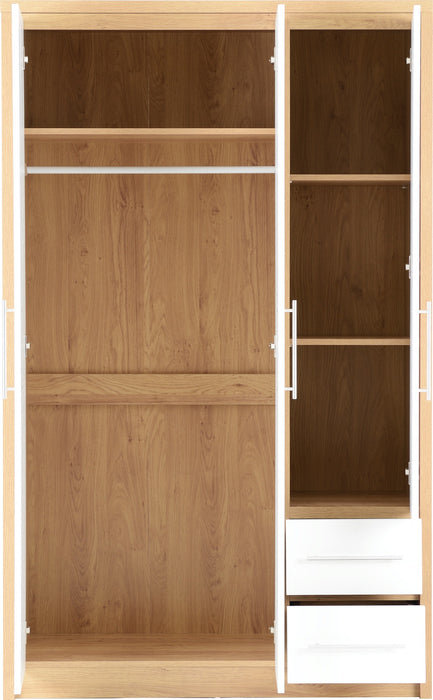 Seville 3 Door 2 Drawer Wardrobe White High Gloss/Light Oak Effect Veneer