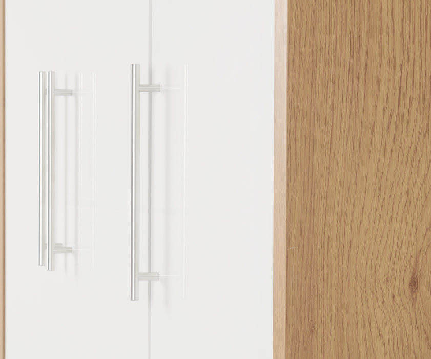 Seville 3 Door 2 Drawer Wardrobe White High Gloss/Light Oak Effect Veneer