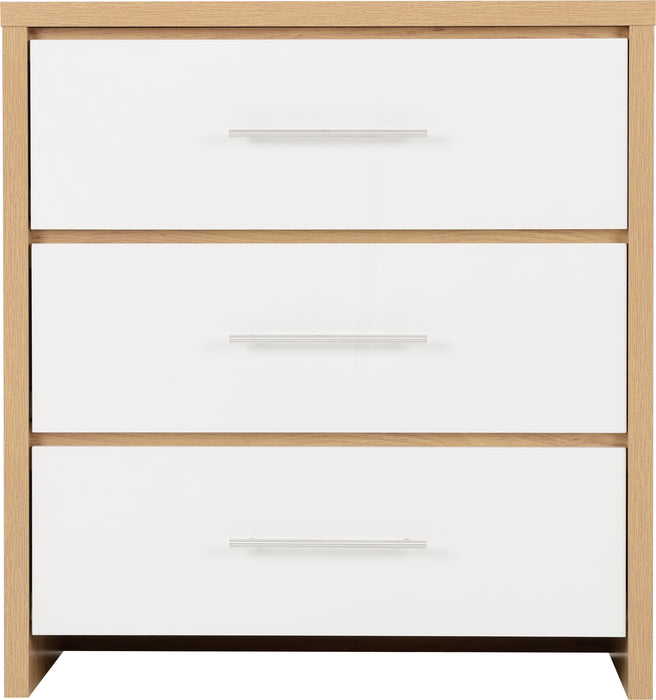 Seville 3 Drawer Chest White High Gloss/Light Oak Effect Veneer