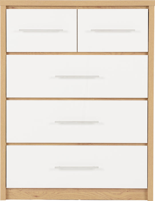 Seville 3+2 Drawer Chest White High Gloss/Light Oak Effect Veneer