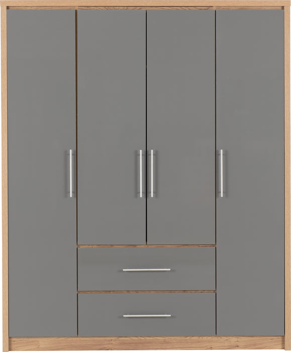 Seville 4 Door 2 Drawer Wardrobe Grey High Gloss/Light Oak Effect Veneer