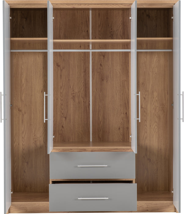 Seville 4 Door 2 Drawer Wardrobe Grey High Gloss/Light Oak Effect Veneer