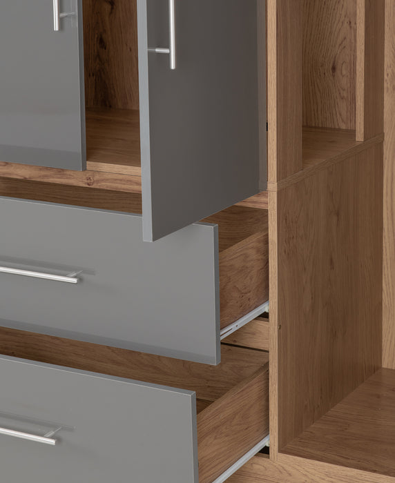 Seville 4 Door 2 Drawer Wardrobe Grey High Gloss/Light Oak Effect Veneer