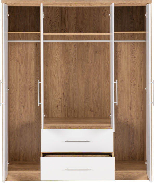 Seville 4 Door 2 Drawer Wardrobe White High Gloss/Light Oak Effect Veneer