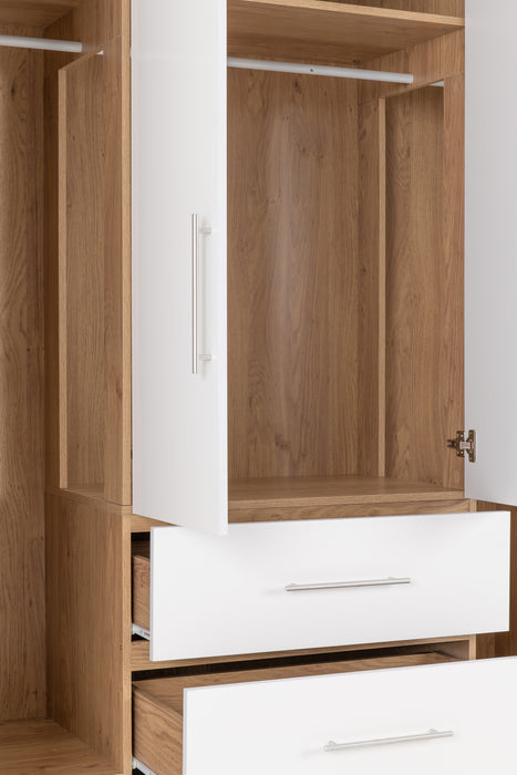 Seville 4 Door 2 Drawer Wardrobe White High Gloss/Light Oak Effect Veneer