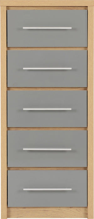Seville 5 Drawer Narrow Chest Grey High Gloss/Light Oak Effect Veneer