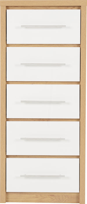 Seville 5 Drawer Narrow Chest White High Gloss/Light Oak Effect Veneer
