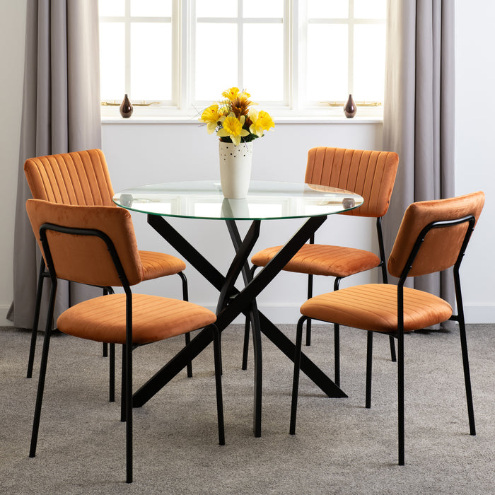 Sheldon Round Glass Top Dining Set Clear Glass/Black/Burnt Orange Velvet Fabric