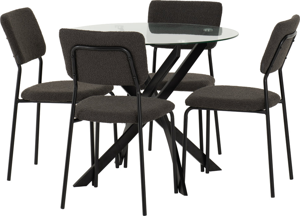 Sheldon Round Glass Top Dining Set Clear Glass/Black/Grey Boucle Fabric