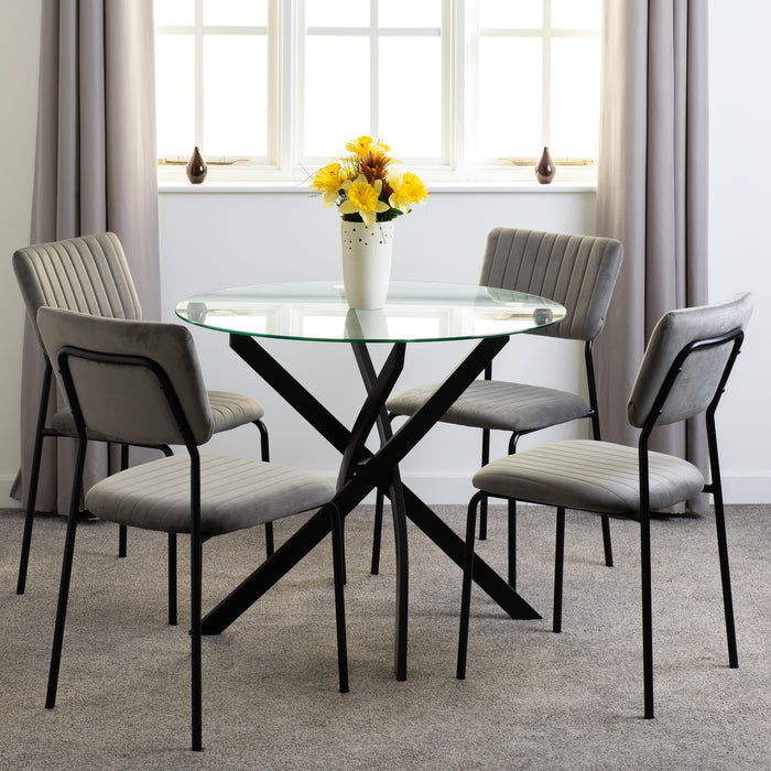 Sheldon Round Glass Top Dining Set Clear Glass/Black/Grey Velvet Fabric
