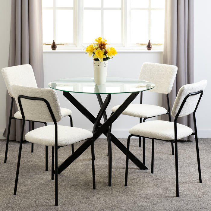 Sheldon Round Glass Top Dining Set Clear Glass/Black/Ivory Boucle Fabric