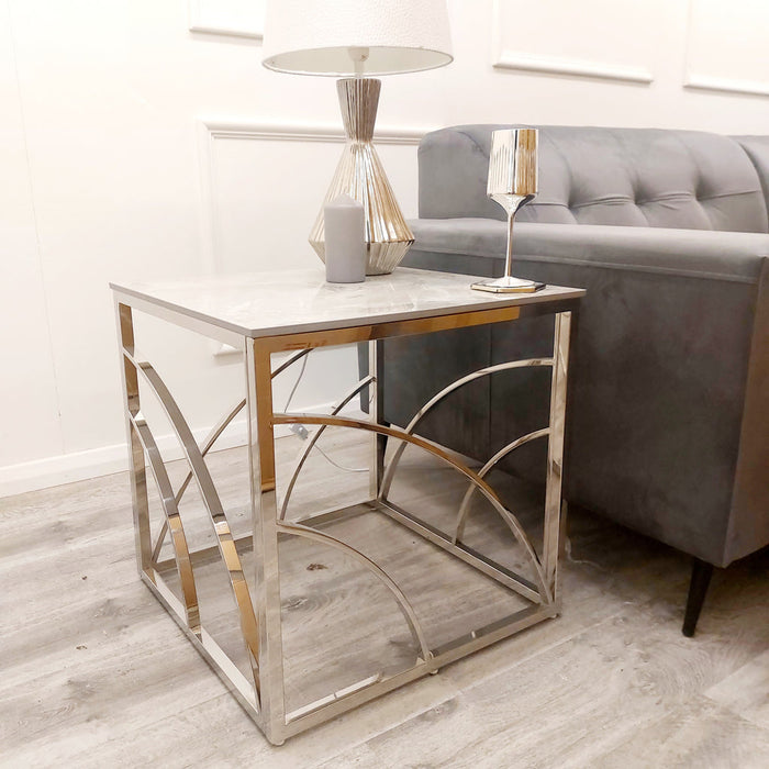 Stella Chrome Lamp Table With Stomach Ash Grey Sintered Top