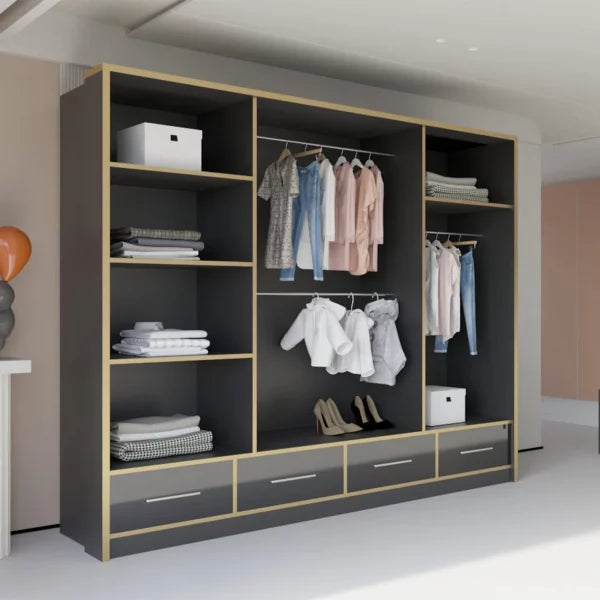 SYDNEY HIGH GLOSS BLACK/GOLD WARDROBE 203cm/253cm