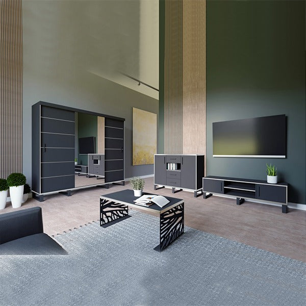 Silver Bedroom Set With Wall Unit
