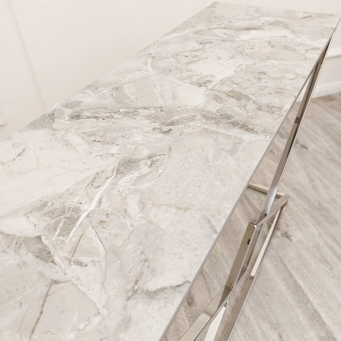 Vesta Chrome Console Table With Stomach Ash Sintered Stone Top
