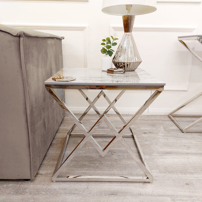 Vesta Chrome Lamp Table With Stomach Ash Sintered Stone Top