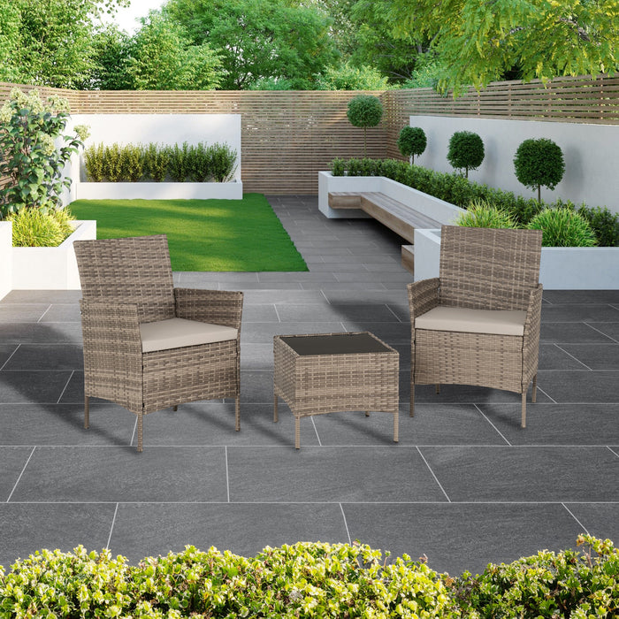 Willow 3 Piece Garden Set Grey Rattan/Grey Fabric/Black Glass