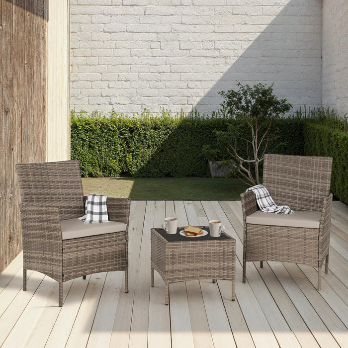 Willow 3 Piece Garden Set Grey Rattan/Grey Fabric/Black Glass
