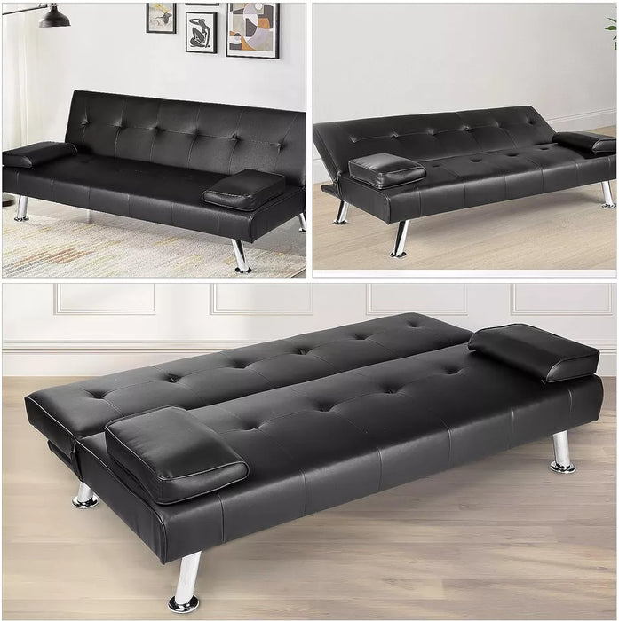 Budget Faux Leather Black Sofa Bed Recliner Couch 3 Seater Modern Design