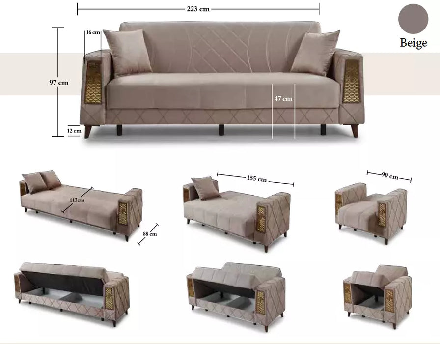 Turkish 3 Seater Ottoman Storage Sofa Bed Modern Luxury Bedroom with Cushions