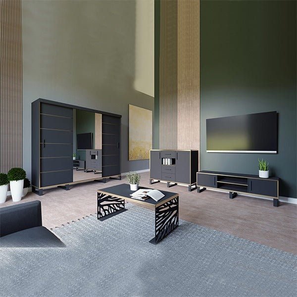 Golden Bedroom Set With Wall Unit